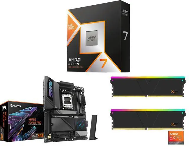 CPU Motherboard Memory Combo - AMD 100-100001973WOF Bundle with GIGABYTE X870E AORUS PRO and V-color TMXSAL1664832KWK