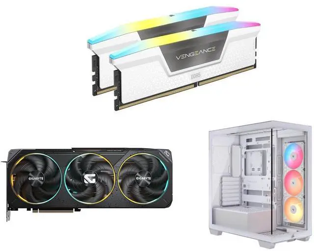 Memory GPU Computer Case Combo -  Corsair CMH64GX5M2N6400C32W Bundle with  GIGABYTE GV-N5070GAMING OC-12GD  and Corsair CC-9011323-WW