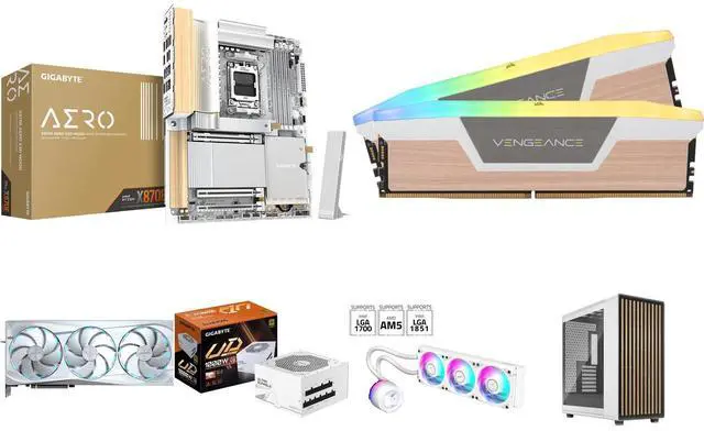 Motherboard Memory GPU PSU CPU Cooler Computer Case Combo -  GIGABYTE X870E AERO X3D WOOD Bundle with  Corsair CMH32GX5M2E6000Z36WGWL  and GIGABYTE GV-N5090AORUSM ICE-32GD and GIGABYTE GP-UD1000GM PG5 ICE and GIGABYTE AORUS WATERFORCE X II