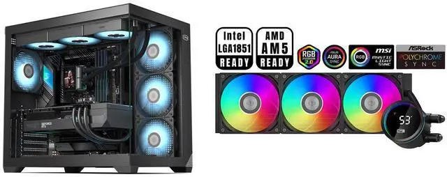 PCCOOLER CPS C3 T700 PC Case, Dual-Chamber Mid-Tower ATX Case, High-Airflow Computer Case, BTF Motherboard Supports, Sturdy Tempered Glass Front & Side Panels, Black (Fans Not Included) and PCCOOLER CPS DA360 Pro ARGB Digital AIO CPU Liquid Cooler, 360mm Radiator, 300W TDP, 270° Rotatable Digital Display, Infinity Halo ARGB Effect, for Intel LGA 1851/1700/1200/115X & AMD AM5/AM4, Black