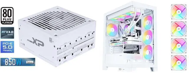 SAMA XP 850w ATX Power Supply PSU For Gaming Computer PC Power Supply Unit White - 80 Plus Platinum Gold - ATX 3.0 & PCIe 5.0 Compliant - Fully Modular - Low Noise Intelligent ECO Silent Fan and SAMA V50 White Mid Tower PC Case, 4x120mm ARGB PWM Fan Pre-Install for Efficient Cooling, Compatible ATX/MATX/ITX Motherboards and Back-Connect Design Supports 360mm Water Cooling and 40 Series GPU