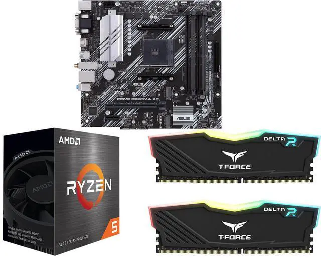 ASUS PRIME B550M-A AC mATX motherboard: PCIe 4.0, dual M.2, WiFi, HDMI, D-Sub, DVI, SATA 6Gbps, USB 3.2 Gen 2, Aura Sync RGB. AMD Ryzen 5 5500 6-Core 3.6GHz CPU. Team T-Force Delta RGB 16GB (2x8GB) DDR4 3200 RAM.