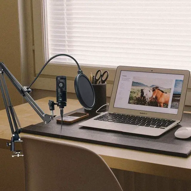 Alt view image 6 of 7 - Condenser Microphone, Intelligent Noise Reduction Cardioid Computer Mic Kit with Adjustable Scissor Arm, Shock Mount, Pop Filter for Recording, Podcasting, Voice Over, Home Studio, YouTube