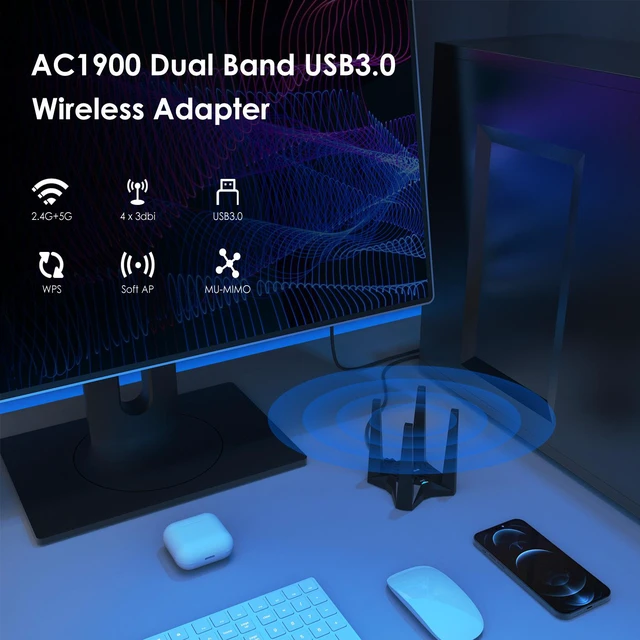 Alt view image 2 of 7 - Wavlink AC1900 Wireless Dual Band USB3.0 Adapter for PC, 1900Mbps WiFi Adapter with 2.4G/600Mbps and 5G/1300Mbps, 4X 3dBi High Gain External Antennas, MU-MIMO. Magnetic Design Network Card for Desktop
