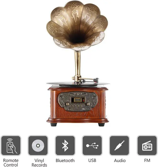 Alt view image 3 of 7 - LuguLake Record Player Retro Turntable All in One Vintage Phonograph Nostalgic Gramophone for LP with Copper Horn, Built-in Speaker 3.5mm Aux-in/USB/FM Radio