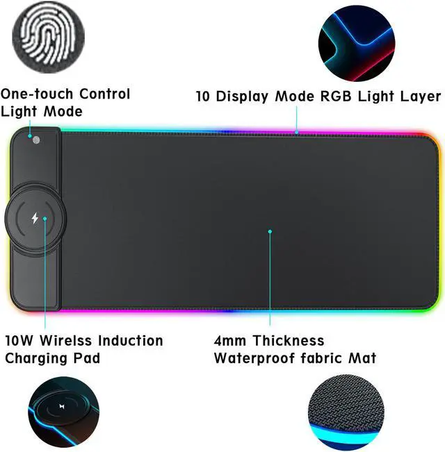 Alt view image 3 of 5 - RGB Gaming Mouse Pad with 10W Wireless Charger Pad 10 Light Mode Extended Large Mouse Mat Waterproof Non-Slip Rubber Bottom 800*300*4mm