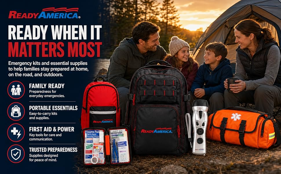 Ready America emergency kits and supplies for family preparedness at home, outdoors, and on the road