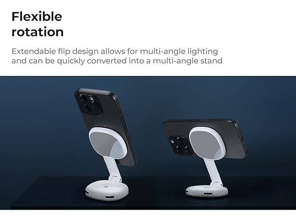 Text reads 'Flexible rotation' and 'Extendable flip design allows for multi-angle lighting'. Product demonstration images showing adjustable lighting equipment.