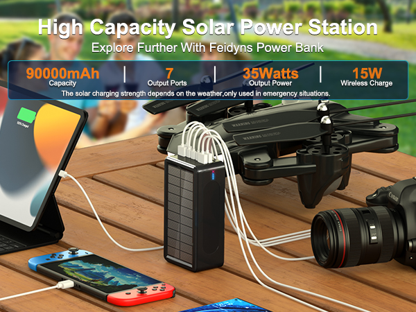 90000mAh Power Bank Solar Wireless Charger, PD 30W Fast Charging USB-C Portable Power Station