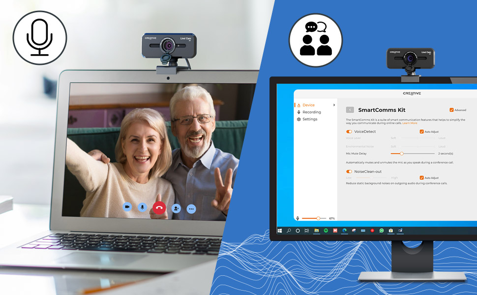 laptop and monitor screen showing video call with grandparents and smartcomms kit app