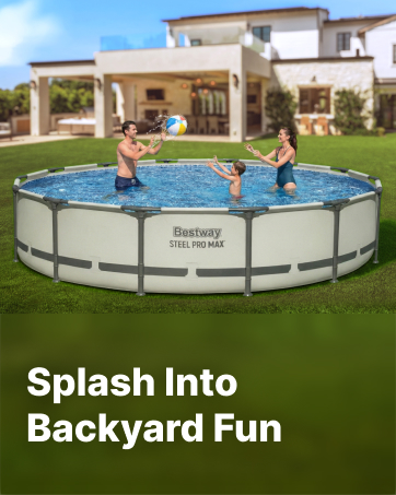 People play beach ball in round Bestway pool in backyard with “Splash Into Backyard Fun” text