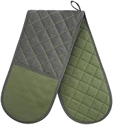 AUAUY Black Double Oven Mitts, 250°C/482°F Heat Resistant BBQ Mittens with Ropes, Silicone Non-Sl...