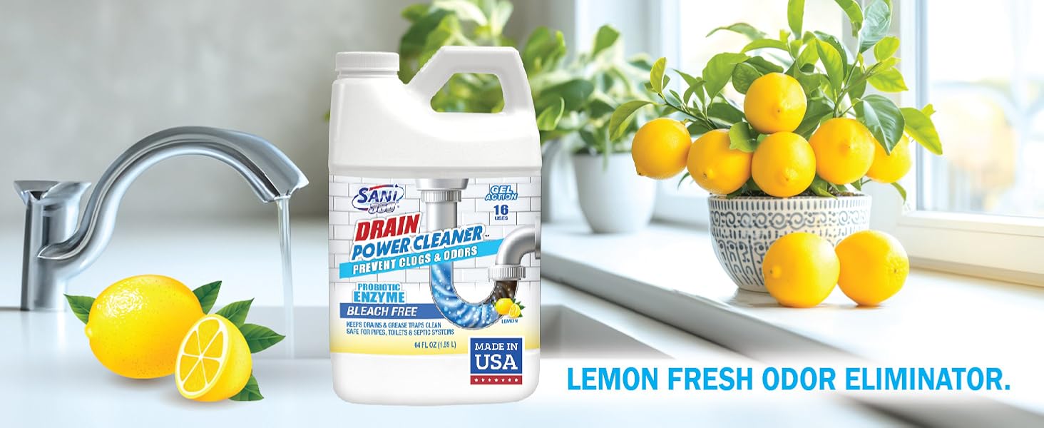 Lemon-scented drain cleaner with fresh lemons and a bright, clean kitchen background.