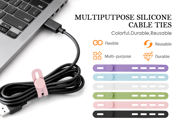 silicone cable ties in 6 assorted colors — black, white, pink, green, blue, purple
