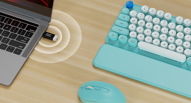 USB receiver plugged in laptop connects blue wireless keyboard mouse combo with wrist rest on desk