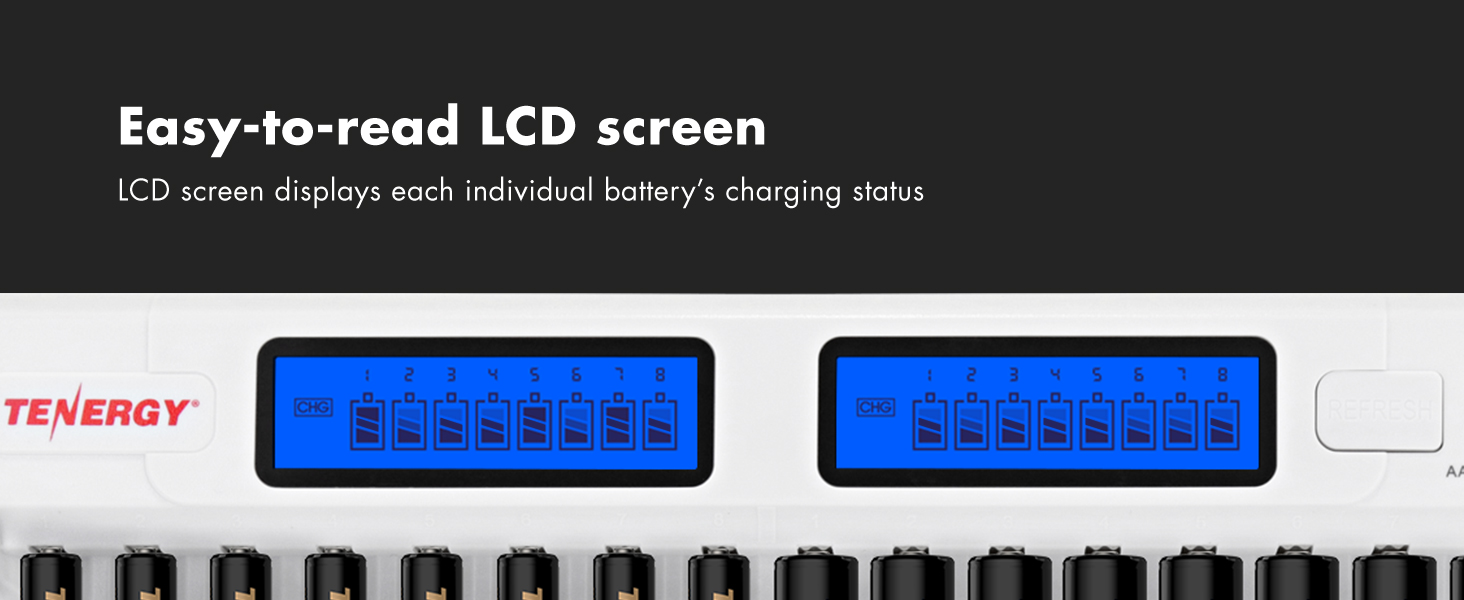Easy to read LCD screen showing each individual battery&amp;#39;s charging status