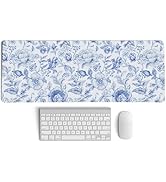 PaJiaNi Blue Chinoiserie Mouse Pad,Blue and White Floral Desk Mat,XL Large Floral Preppy Trendy M...