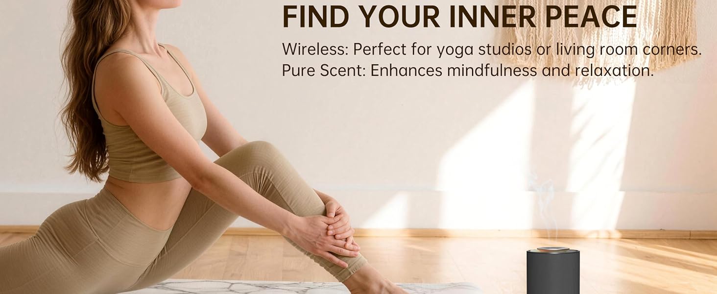 Text reads 'FIND YOUR INNER PEACE'. Serene yoga or meditation scene showing practice space with gray exercise mat and black cylindrical speaker or diffuser on wooden floor.