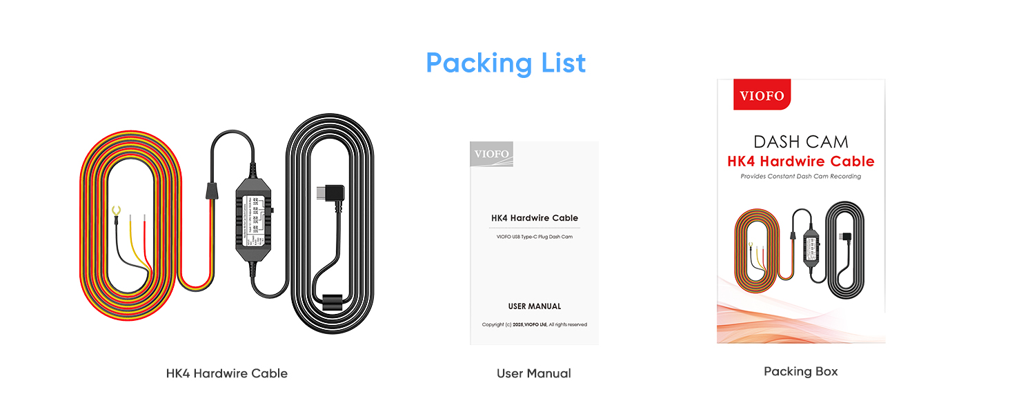 HK4 hardwire kit packing list: cable, user manual, and packaging box with product details.