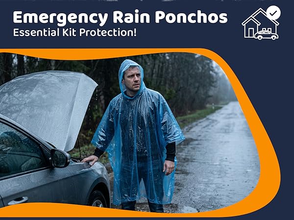 Man in rain poncho beside a broken-down car