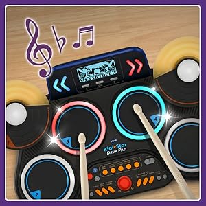 Overview of the drum pad. Pads and cymbals light up, encouraging drumming skills.