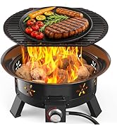 AMADA HOMEFURNISHING 19? Propane Fire Pit with Grill Grate, 58,000 BTU, Folding Legs, Propane Tan...