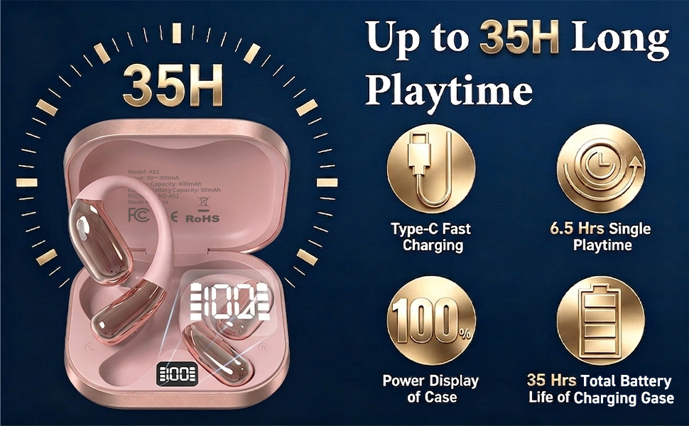 Open Ear Headphones, Wireless Headphones with Smart Digital Display &amp;amp; Mic