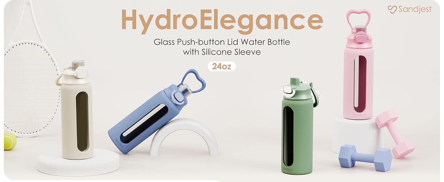 SANDJEST Glass Push-button Lid Water Bottle 24oz