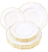 WDF 60pcs White and Gold Plastic Plates - Baroque White With Gold of 30 Heavy Duty Gold dinner pl...