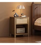 YAUKOMEL Rattan Nightstand, Mid Century Modern Bedside Table with Opening Storage,Large Side Tabl...