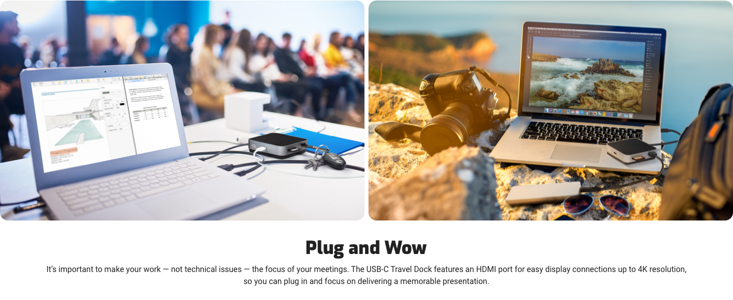 USB-C Travel Dock features an HDMI port for easy single display connection up to 4K @30HZ