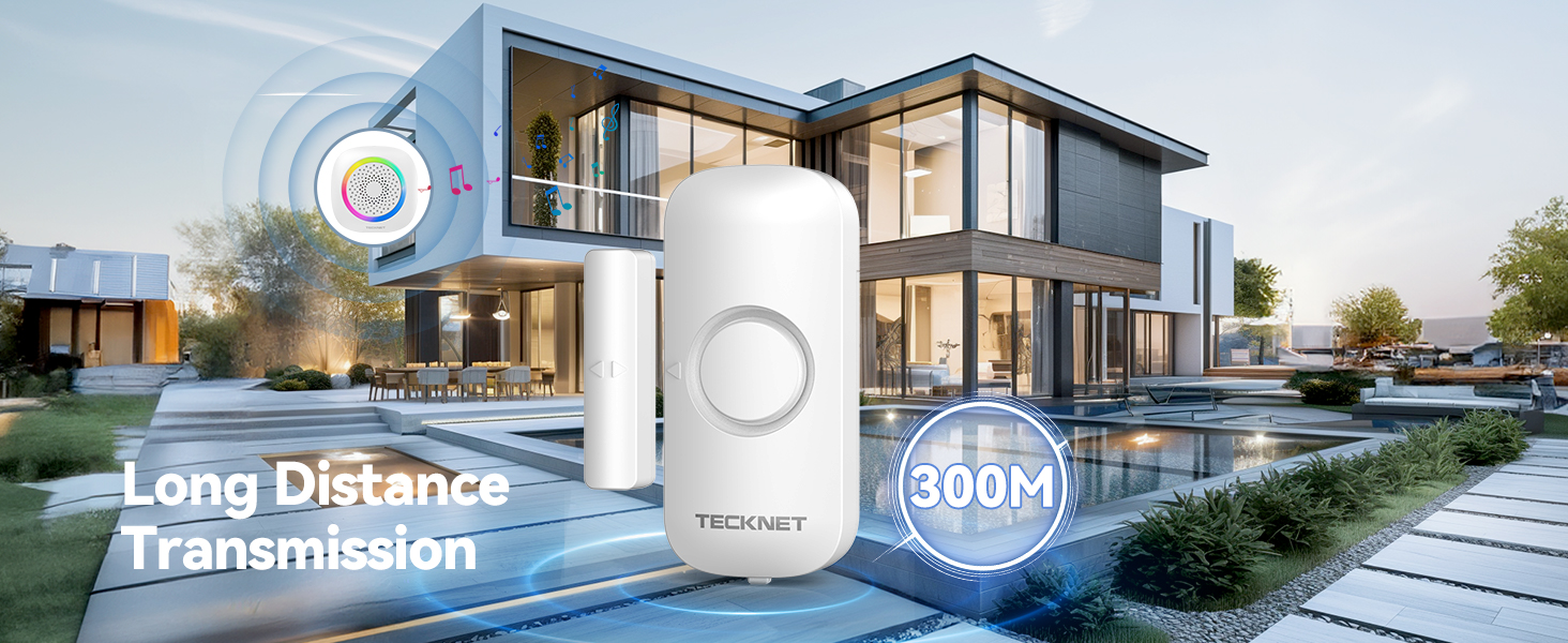 White cylindrical wireless security camera device with 300M long distance transmission capability, shown against modern house backdrop.