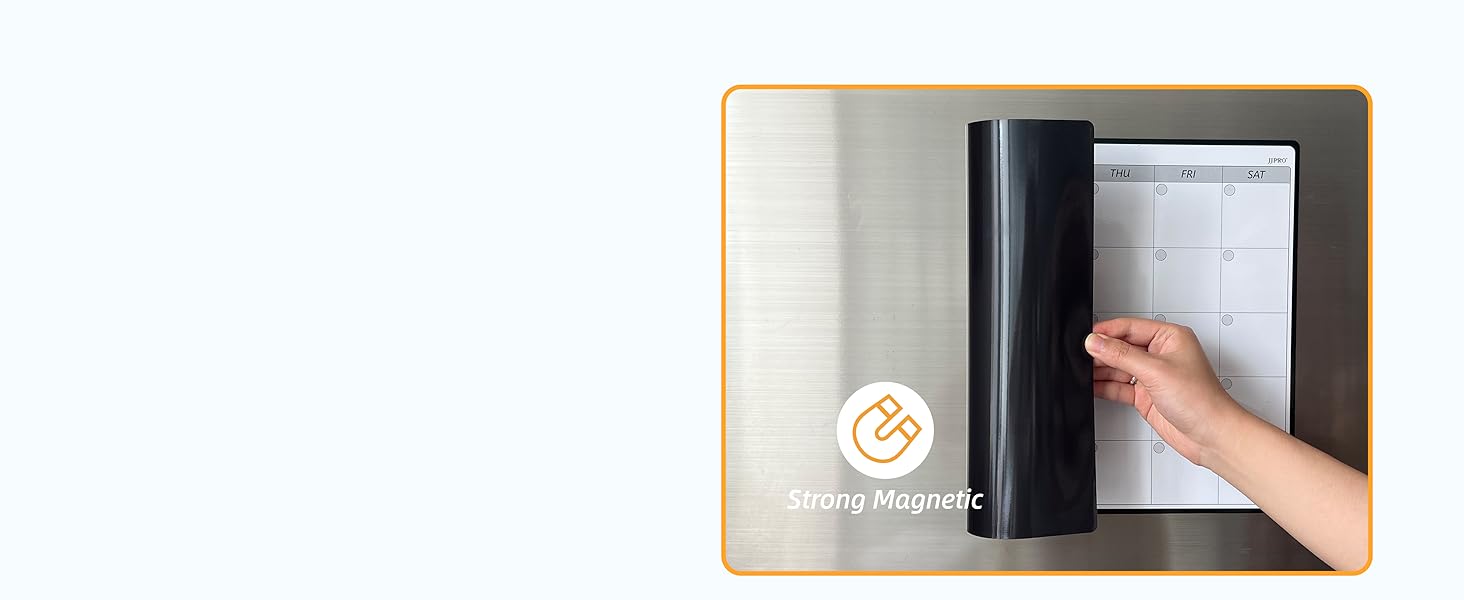 Monthly calendar has a whole magnetic backside.It sticks onto the fridge without sliding or falling.