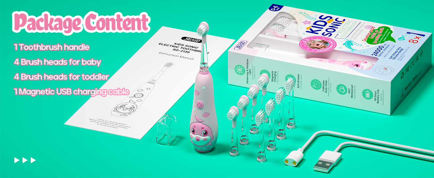 Package content: 1 toothbrush handle, 8 replacement heads, 1 magnetic use charging cable