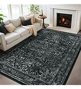 Jainmy Black Vintage Distressed 8x10 Area Rugs for Living Room, Washable Non Slip Bedroom Rugs Un...