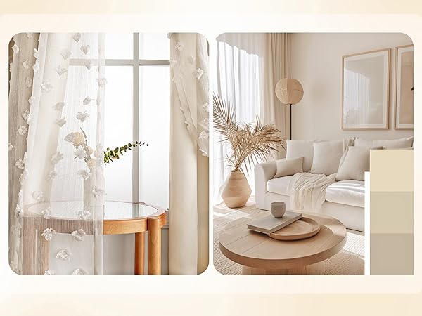 MYSKY HOME Beige Pom Pom Sheer and White Curtains