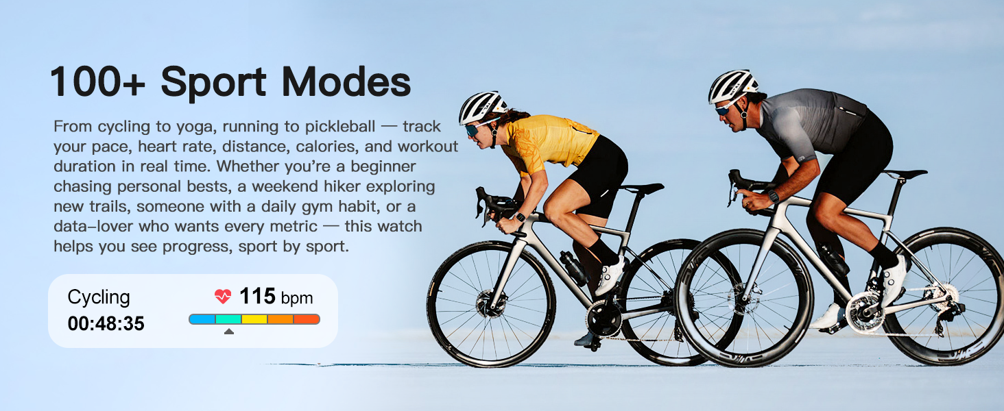 100+ sport modes smartwatch: cycling, yoga, running. Tracks pace, heart rate, distance, calories.