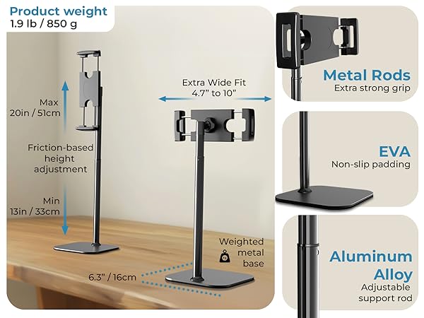 Durable iPad Air accessories, adjustable iPad stands with non-slip EVA base and strong metal rods