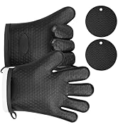 AUAUY Oven Mitts with 2 Pot Holders, Silicone Oven Gloves Heat Resistant 464°F, BBQ Gloves with F...