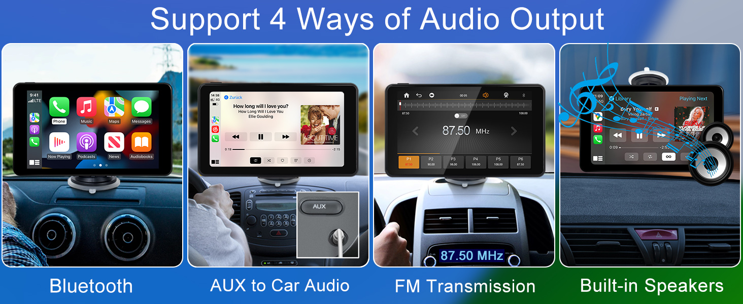 Infotainment system supporting 4 audio output methods: Bluetooth, AUX In Car Audio, FM Transmitter, and Built-in Speakers. Displays various device screens and connection types.