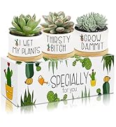 Tarklanda 3Pcs Funny Succulent Plant Pots Mini Ceramic Pots Planters with Bamboo Tray Thank You M...