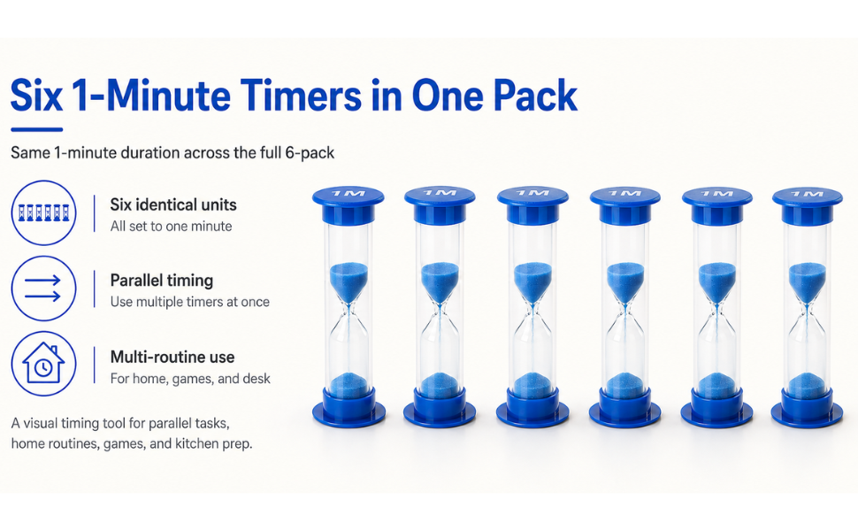 Six blue 1 minute sand timers for parallel timing