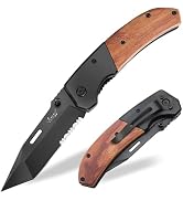 Pocket Knife, Folding Knife with Clip - 3.54? Black Serrated Steel Blade, Wood Handle EDC Knife f...