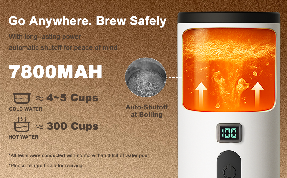 With long-lasting battery(7800mAH),and auto-shutoff at boiling,let you go anywhere,brew safely.