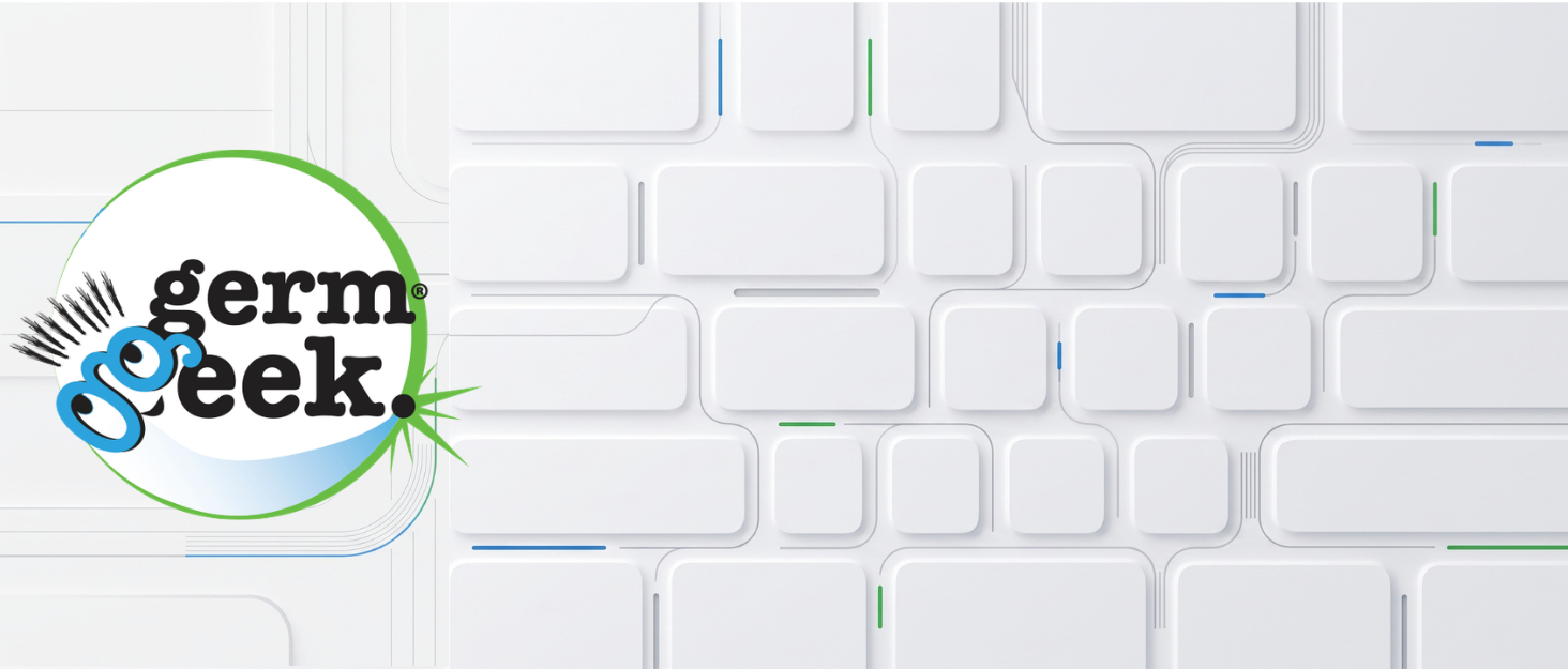 Germ Geek logo on a sleek white keyboard-inspired background with blue and green accents.