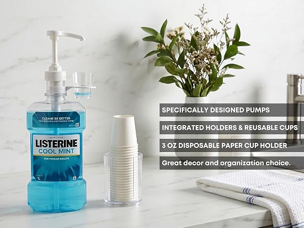 Dispenser Pumps for Listerine 1 or 1.5 Liter Mouthwash Bottles with Cup Holders
