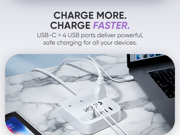 Charge pfaster - usb-c and 4 usb ports deliver powerful, safe charging for all your devices