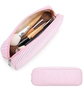 JINSI Travel Makeup Brush Bag for Women, Cute Padded Stripe Seersucker Cosmetic Organizer Pouch, ...