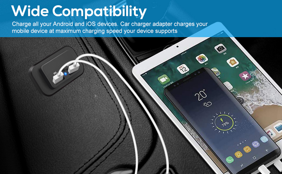 Car charger adapter plugged into vehicle socket, charging multiple devices. Image shows compatibility with various smartphones and tablets.
