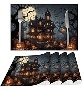 Halloween Horror Castle Placemats Set of 4 Washable Table Place Mats for Dining Kitchen Party Decor